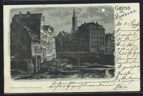 Mondschein-AK Alt-Hamburg, Winserbaum-Partie bei Nacht