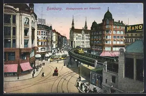 AK Hamburg, Rödingsmarkt mit Alterwall, Strassenbahn
