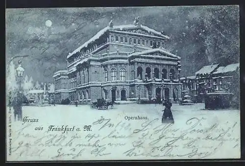 Mondschein-AK Frankfurt a. M., Opernhaus im Schnee bei Nacht