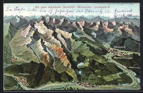 Künstler-AK Eugen Felle: Mittenwald, Landkarte Die neue Alpenbahn Garmisch-Mittenwald-Innsbruck