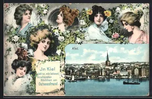 AK Kiel, Teilansicht, Frauenportraits, Passepartout