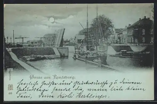 Mondschein-AK Rendsburg, Uferpartie mit Segelboot