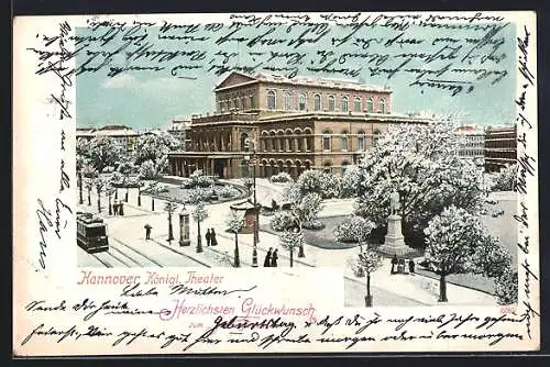 AK Hannover, Königl. Theater und Strassenbahn im Winter
