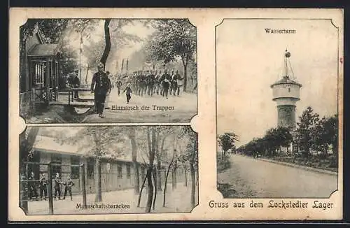 AK Lockstedter Lager, Mannschaftsbaracken, Wasserturm, Einmarsch der Truppen im Winter