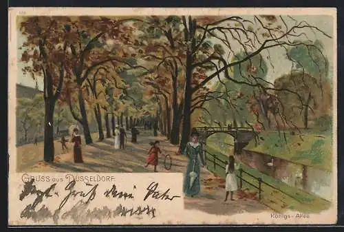 Lithographie Düsseldorf, Königs-Allee mit Spaziergängern
