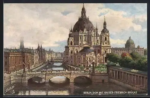 Künstler-AK Berlin, Dom mit Kaiser Friedrich-Brücke, Strassenbahn