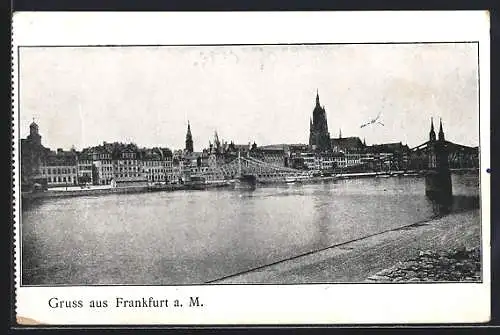 AK Frankfurt a. M., Uferpartie mit Kirche