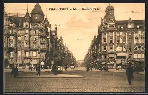 AK Frankfurt a. M., Kaiserstrasse mit Friseurgeschäft und Strassenbahn