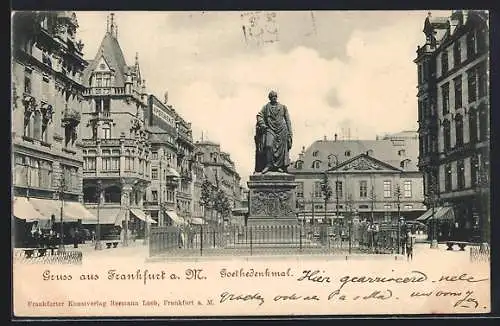 AK Frankfurt a. M., Ortspartie mit Goethedenkmal