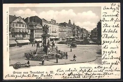 AK Frankfurt a. M., Goetheplatz mit Geschäften und Denkmal