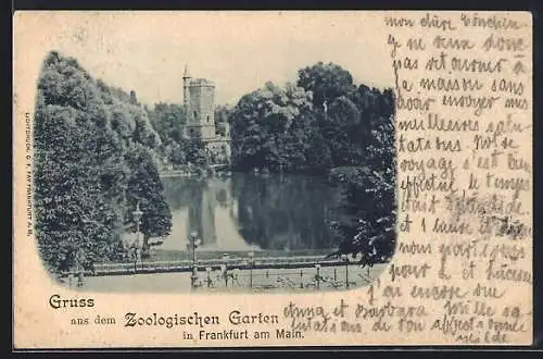 AK Frankfurt-Ostend, Zoologischer Garten, Uferpartie mit Turm