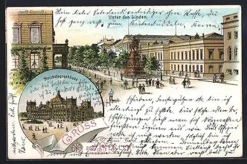 Lithographie Berlin, Reichstagsgebäude, Reiterdenkmal Unter den Linden