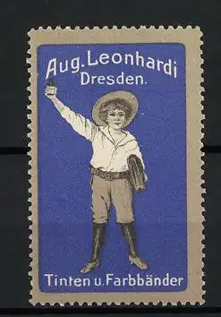 Reklamemarke Dresden, Aug. Leonhardi, Junge mit Buch und Flasche Tinte