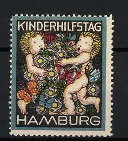 Reklamemarke Hamburg, Kinderhilfstag, spielende Kinder mit Blumen und Schmetterling