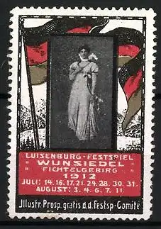 Reklamemarke Wunsiedel, Luisenburg-Festspiel 1912, Frau mit Blumenstrauss