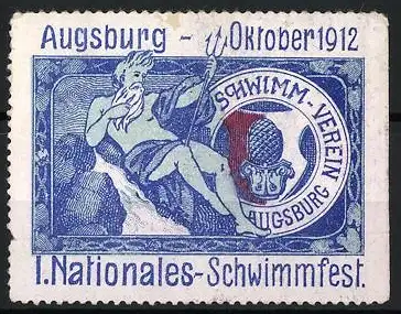 Reklamemarke Augsburg, 1. Nationales Schwimmfest 1912, Neptun und Vereinslogo