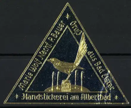 Reklamemarke Bad Elster, Handstickerei am Albertbad, Marie Wolf, Vogel auf Dreieck