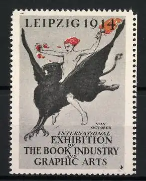 Reklamemarke Leipzig 1914, International Exhibition of the Book Industry and Graphic Arts, Reiter auf Vogel