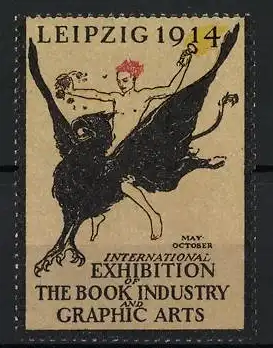 Reklamemarke Leipzig 1914, International Exhibition of the Book Industry and Graphic Arts, geflügeltes Fabelwesen