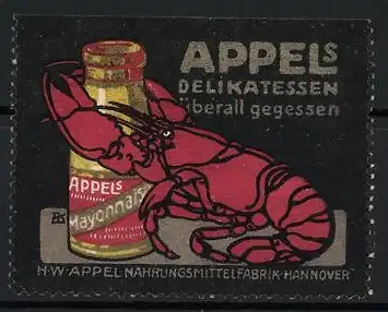 Reklamemarke Hannover, Appels Delikatessen, Hummer mit Mayonnaiseglas