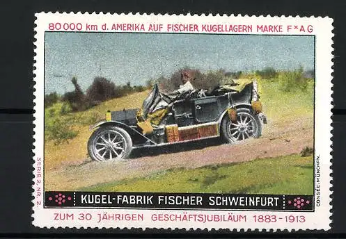 Reklamemarke Schweinfurt, Kugel-Fabrik Fischer, Automobil auf Landstrasse, 1883-1913