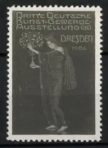 Reklamemarke Dresden, Dritte Deutsche Kunstgewerbeausstellung 1906, Frau mit Blumenstrauss