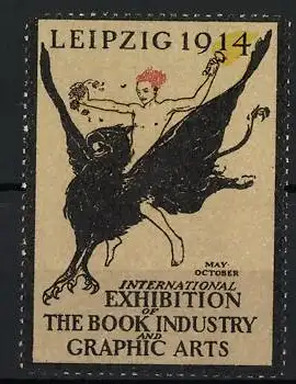 Reklamemarke Leipzig 1914, International Exhibition of the Book Industry, geflügeltes Wesen