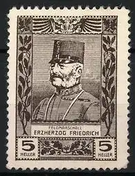 Reklamemarke Feldmarschall Erzherzog Friedrich, Porträt und Wappen, 5 Heller