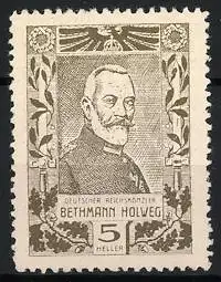 Reklamemarke Deutscher Reichskanzler Bethmann Hollweg, Porträt und Lorbeerzweige