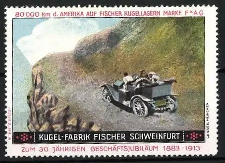 Reklamemarke Schweinfurt, Kugel-Fabrik Fischer, Auto auf Bergstrasse