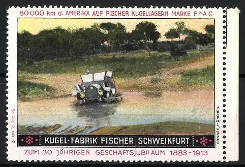 Reklamemarke Schweinfurt, Kugel-Fabrik Fischer, Auto im Gelände, 1913