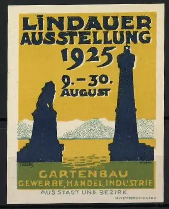 Reklamemarke Lindau / Bodensee, Lindauer Ausstellung 1925, Hafeneinfahrt mit Leuchtturm und Löwe