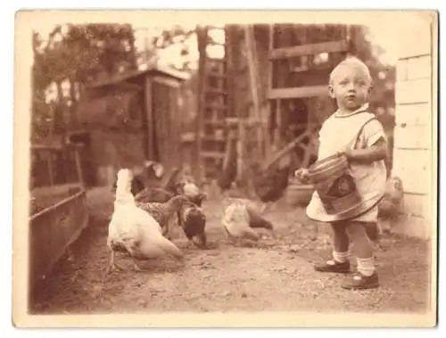 Fotografie niedliches kleines Kind fütter die Hühner im Garten