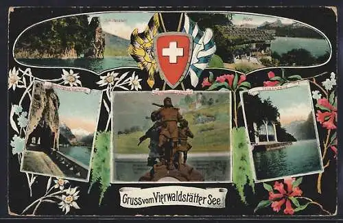 AK Altdorf /Vierwaldstättersee, Telldenkmal, Schillerstein, Axenstrasse, Tellskapelle, Rütli