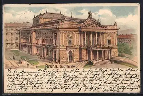 Lithographie Brünn / Brno, Blick auf das Stadttheater