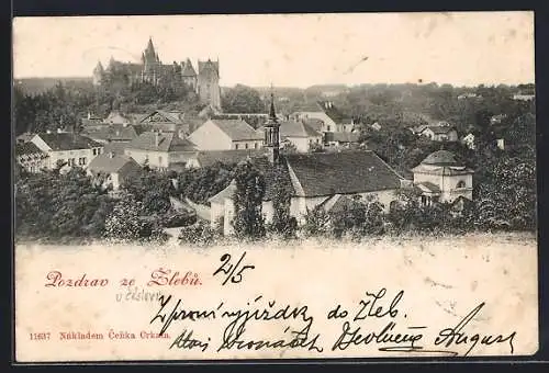 AK Zleby, Blick zum Schloss aus der Vogelschau