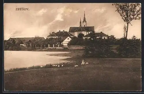 AK Zybsov, Teilansicht mit Kirche, Kostel