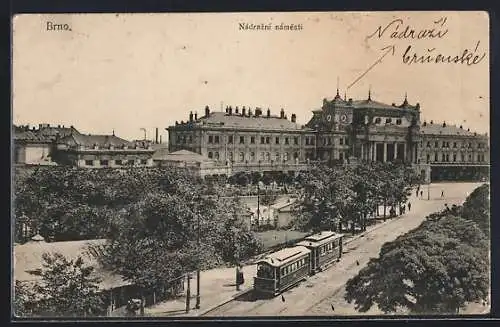 AK Brünn / Brno, Bahnhof und Bahnring aus der Vogelschau, Strassenbahn