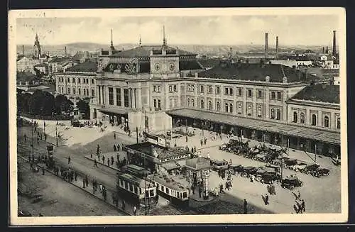 AK Brünn / Brno, Nádrazi, Bahnhof, Strassenbahn