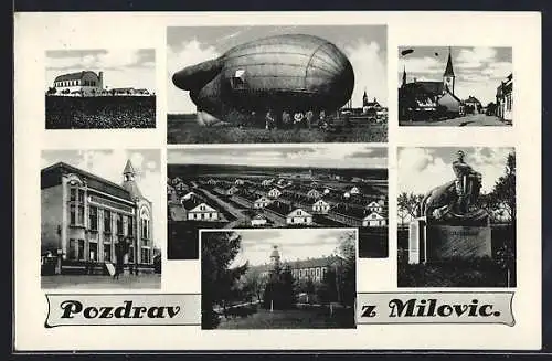 AK Milowitz / Milovice, Ballon, Kirche, Denkmal, Lager