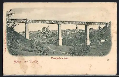 AK Znaim, Blick auf Eisenbahnbrücke und Ort