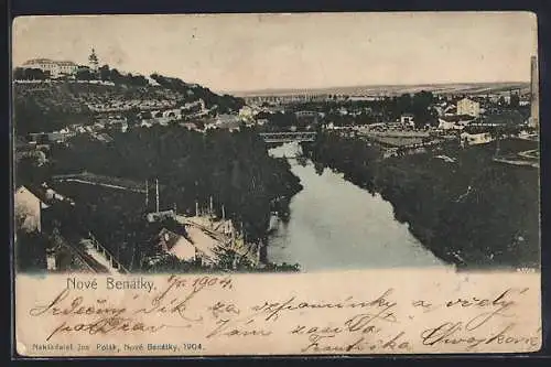 AK Nove Benatky, Blick über den Fluss und die Brücke zur Stadt