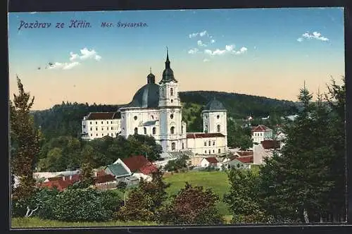 AK Krtiny, Feldpartie mit Blick zum Kloster