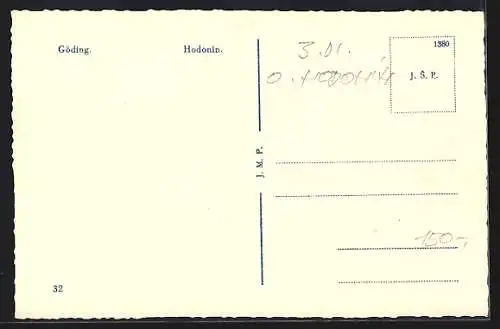 AK Göding / Hodonin, Strassenpartie mit Gebäudeansicht, Denkmal, Paar in Tracht