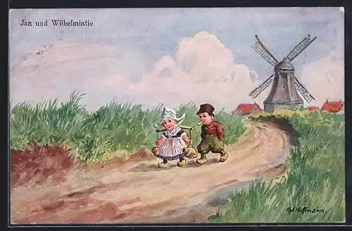 Künstler-AK Ad.Hoffmann: Jan und Wilhelmintje, zwei Kinder in niederländischer Tracht vor einer Windmühle