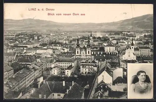 AK Linz a. D., Blick vom neuen Dom aus, Linzerin in Tracht