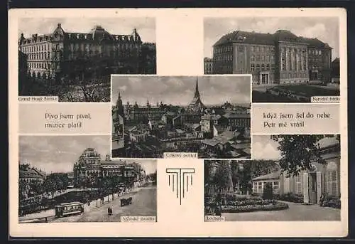 AK Plzen, Grand Hotel Smitka, Mestské divadlo, Lochotín, Narodní banka, Strassenbahn