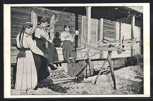 AK Ukrainische Mädchen beim Spinnen