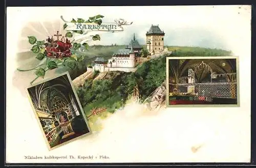 Lithographie Karlstejn, Ansichten vom Schloss