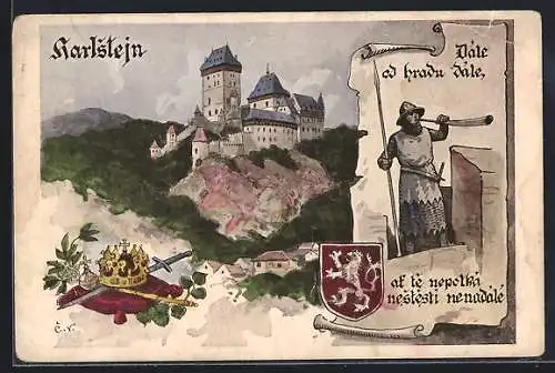 Künstler-AK Karlstein, Die Burg, Wächter bläst die Fanfare, Wappen